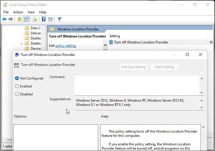 désactiver le fournisseur de localisation Windows non configuré