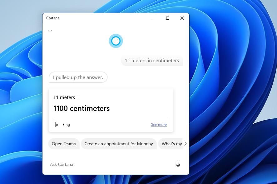 Une conversion d'unité Cortana