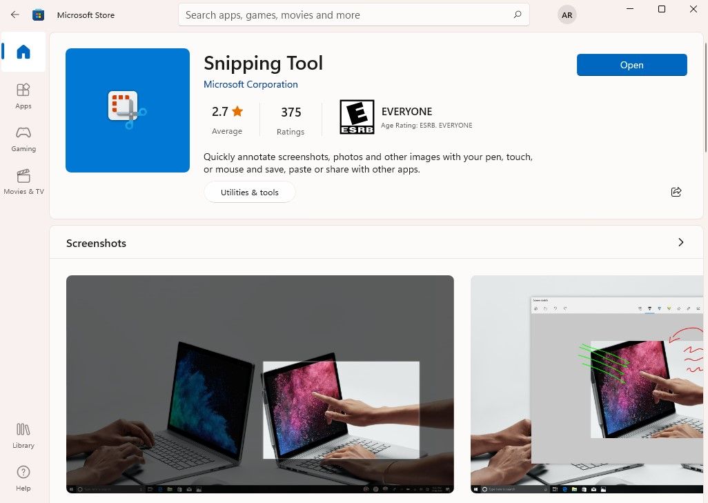 installation de l'outil de capture à partir du Microsoft Store