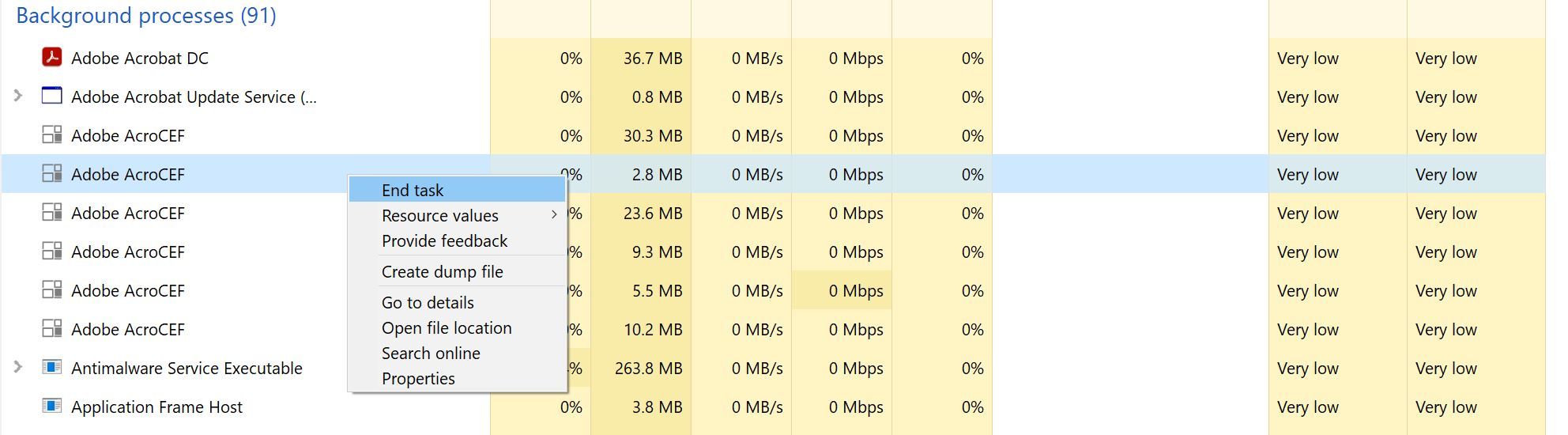 Fermeture des processus Adobe Acrobat supplémentaires à partir du Gestionnaire des tâches dans Windows 10