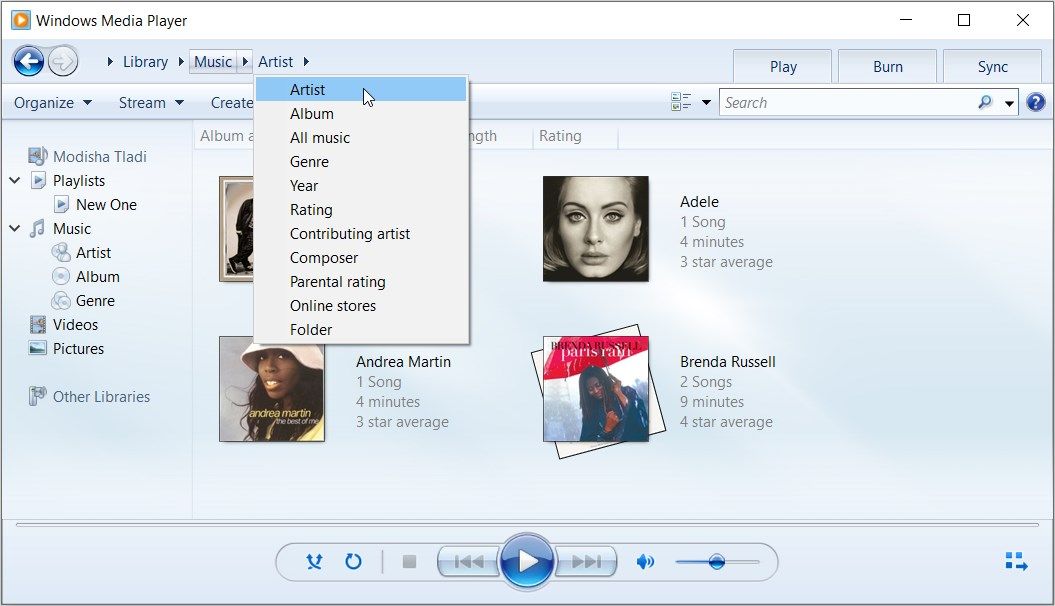 Recherche de musique à l'aide de Windows Media Player