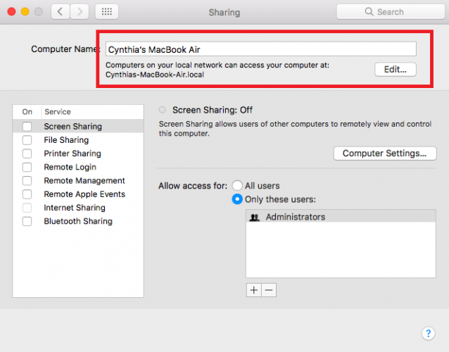 Option Nom de l'ordinateur dans les Préférences système Mac