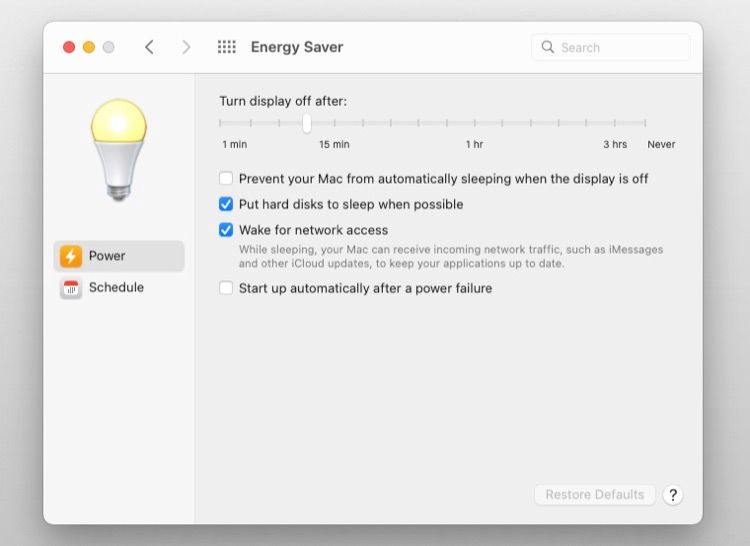 options d'économie d'énergie Bureau Mac