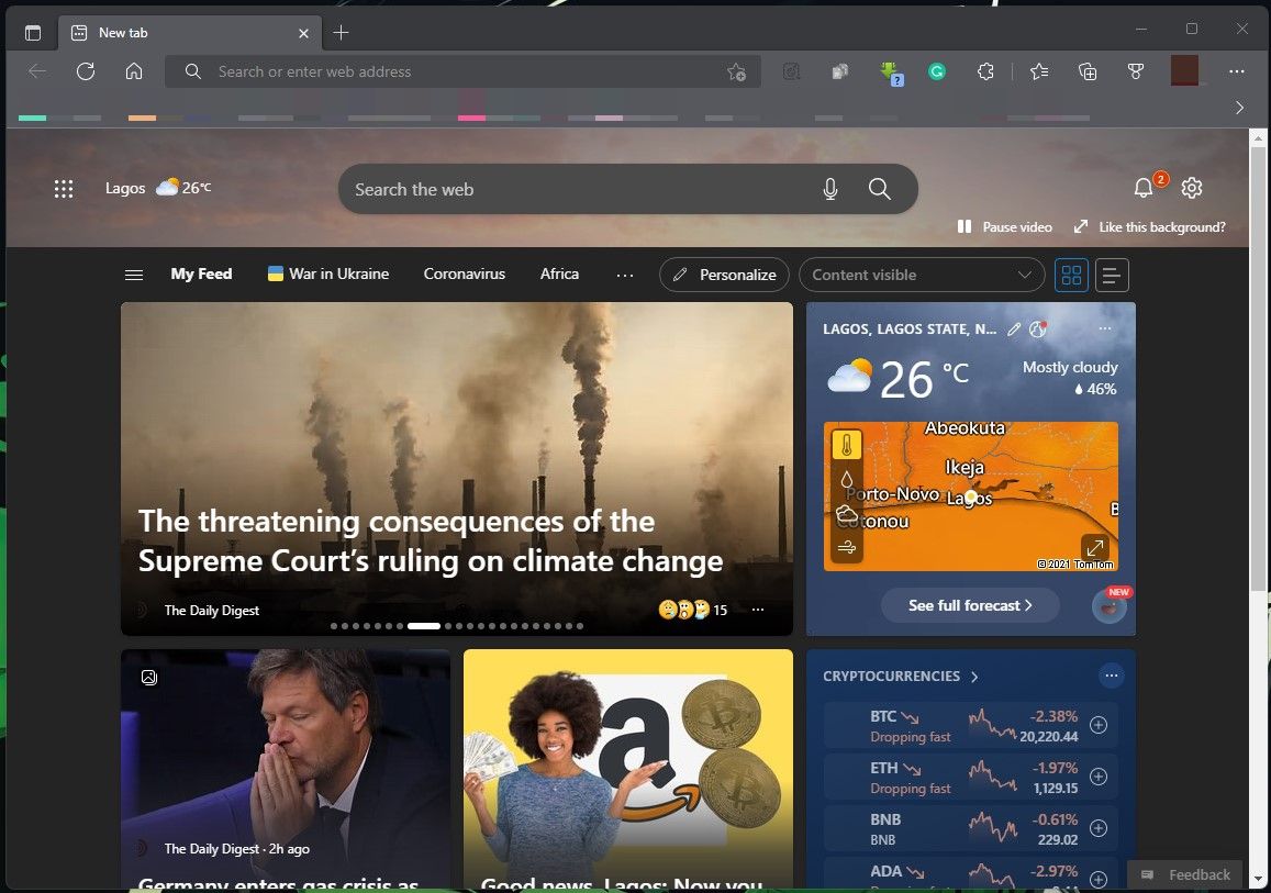 Écran d'accueil de Microsoft Edge sur Windows 11 