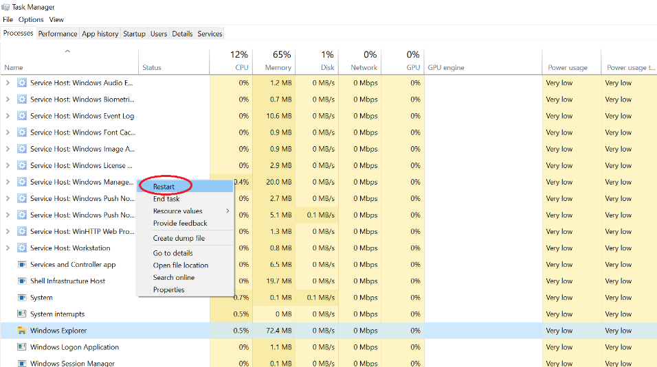 Clic droit sur l'Explorateur Windows dans le Gestionnaire des tâches