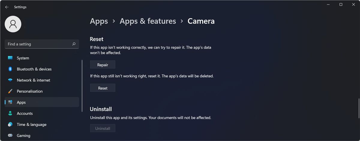 Réparer l'application appareil photo dans Windows 11