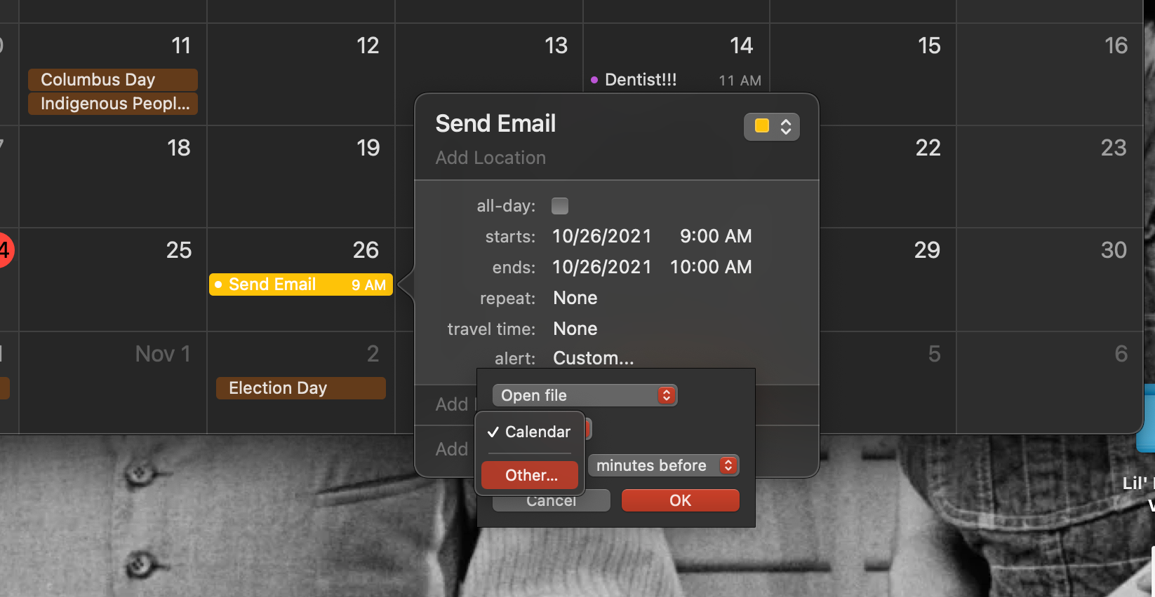 Nouvel événement dans le calendrier configuré pour envoyer un e-mail via Automator