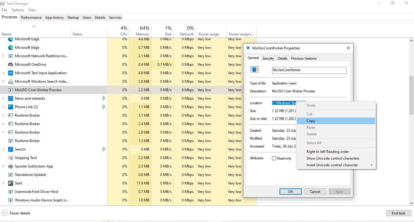 Copie du chemin à côté de l'emplacement sous l'onglet Général de la fenêtre Propriétés du processus dans Windows 10