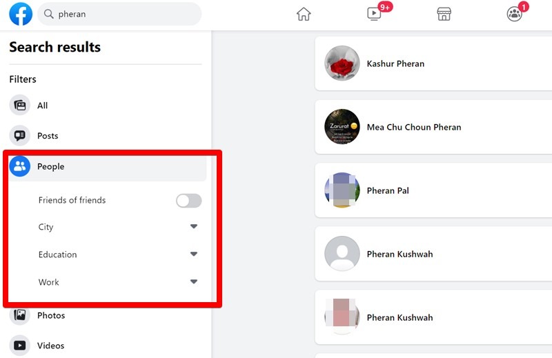 Filtre de personnes de recherche Facebook