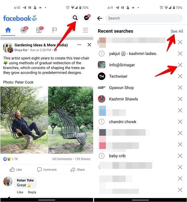 Historique de recherche Facebook Modifier Mobile