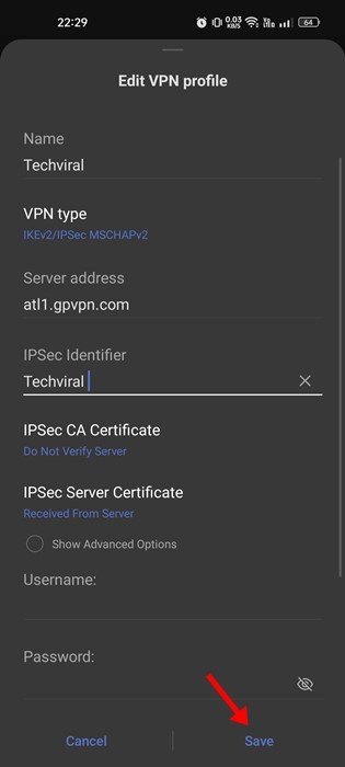 entrez le nom de votre VPN