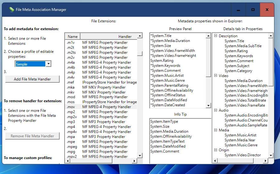 Le logiciel File Meta Association Manager