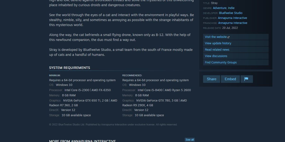 capture d'écran de la configuration système requise pour s'éloigner de steam