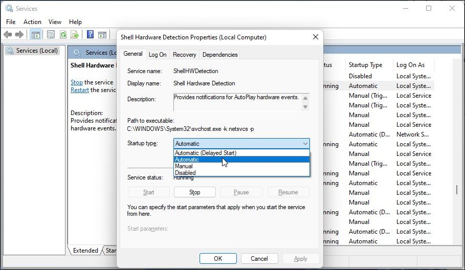 services shell détection du matériel lecture automatique type de démarrage automatique