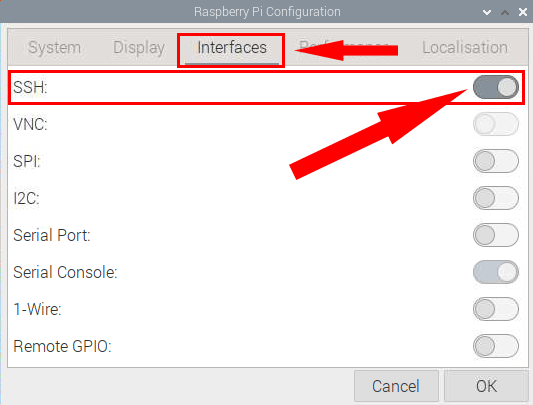 Interface de configuration Rpi et paramètres Ssh