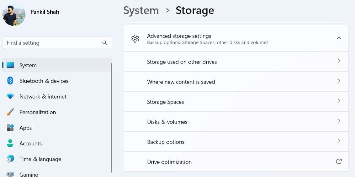 Paramètres de stockage avancés dans l'application Paramètres