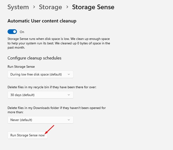 Exécutez Storage Sense maintenant