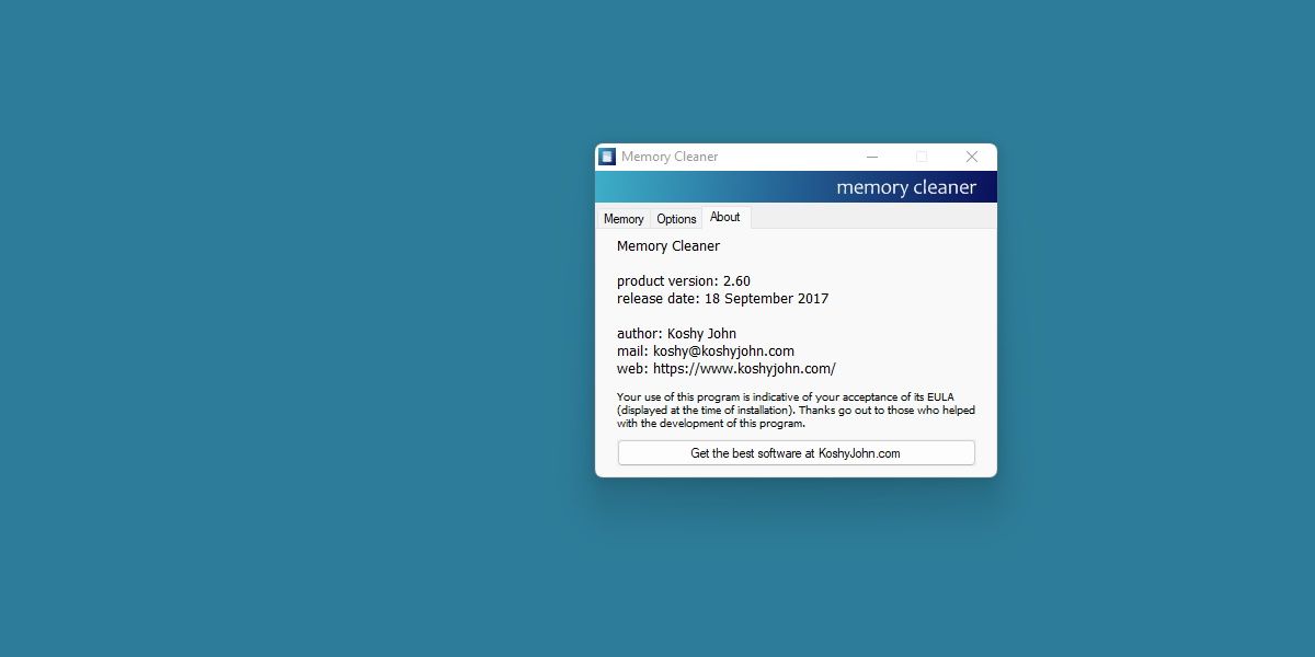 capture d'écran de l'onglet À propos du nettoyeur de mémoire