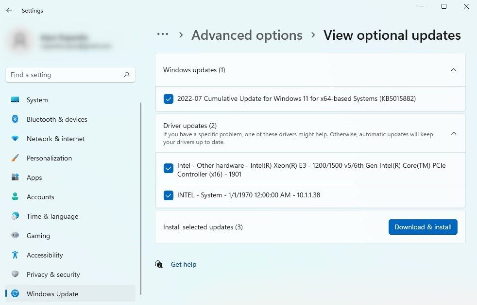 installation de mises à jour facultatives sur Windows