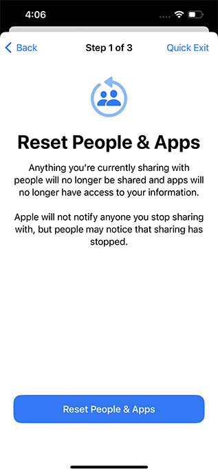 réinitialiser les personnes et les applications dans le contrôle de sécurité ios 16