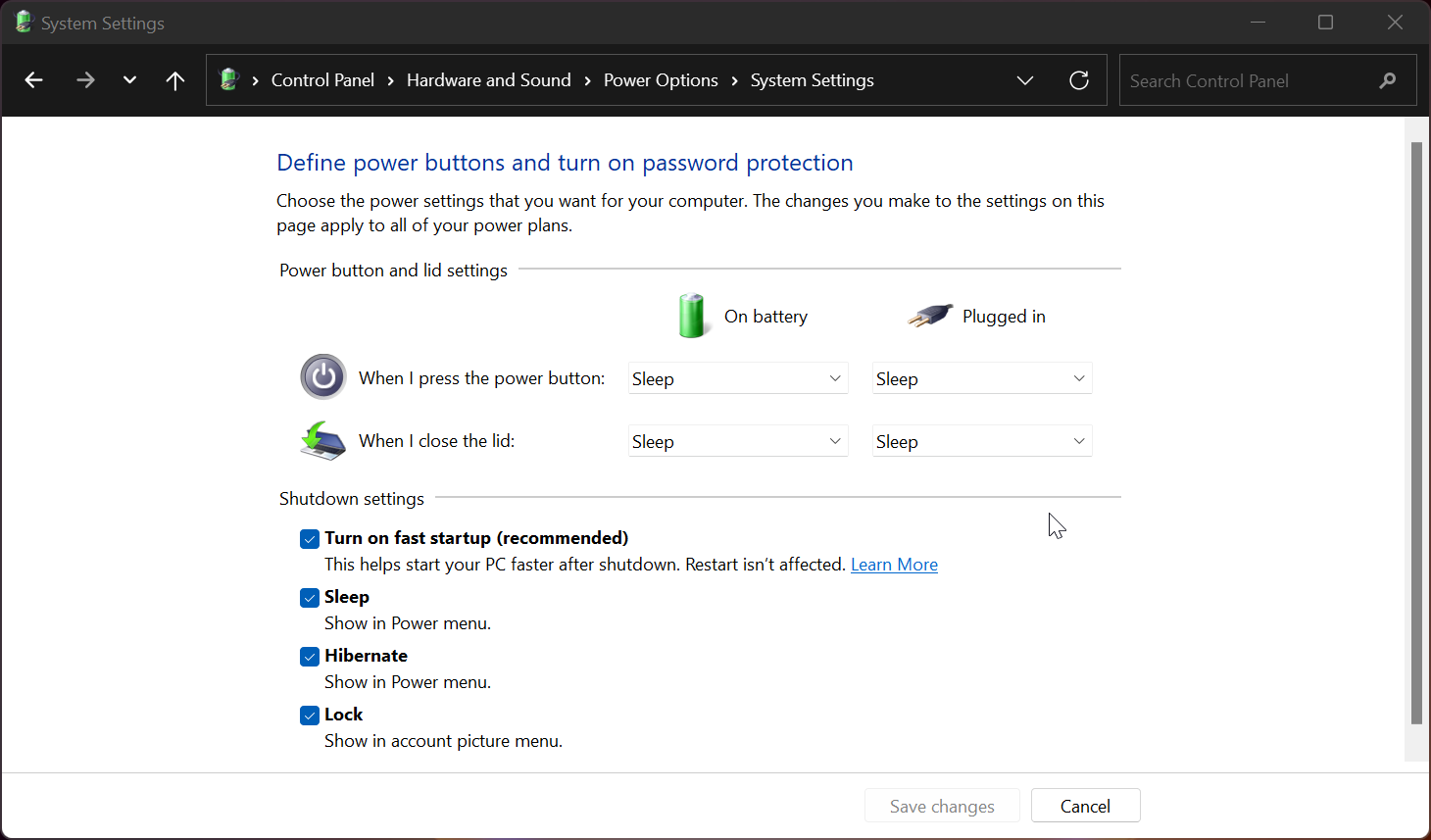 activer désactiver le panneau de configuration de démarrage rapide