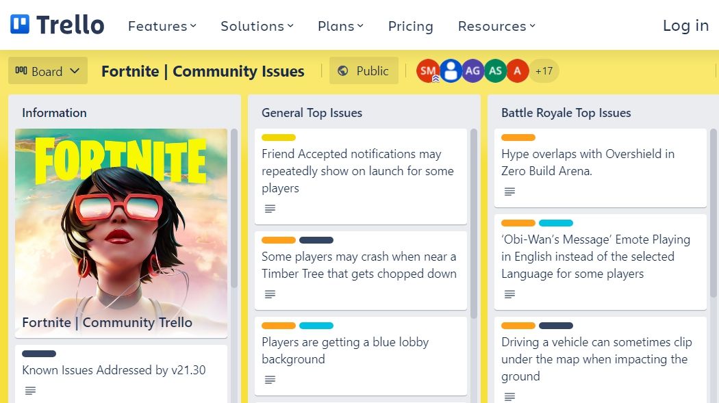 Différents problèmes sur le tableau Fortnite Trello