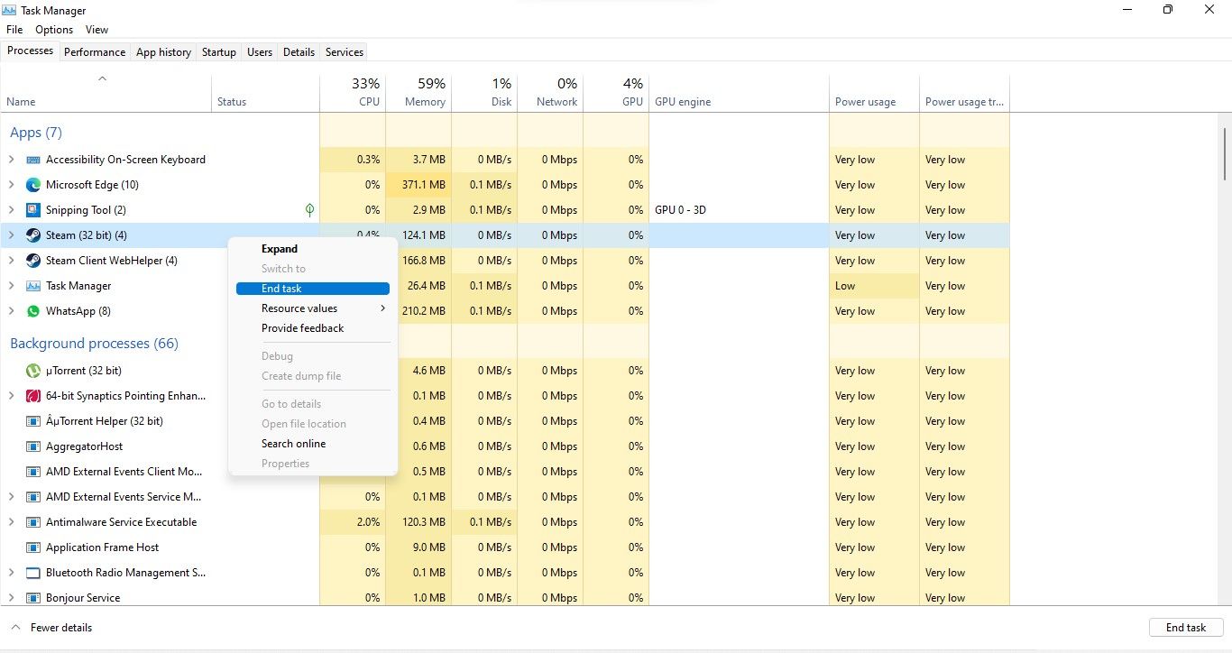 Cliquer sur Fin de tâche pour terminer un processus Steam à partir du Gestionnaire des tâches dans Windows 11