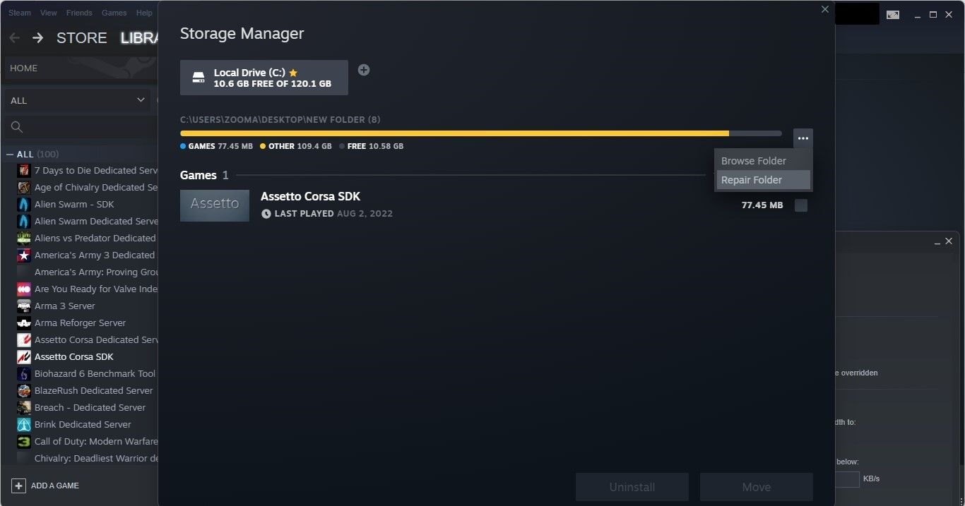 Cliquer sur l'option Dossier de réparation dans le menu déroulant sous trois points horizontaux dans l'onglet Téléchargements des paramètres Steam