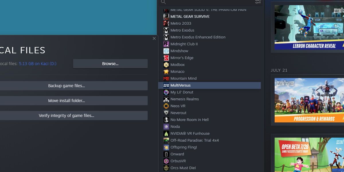 capture d'écran du menu de navigation multiversus des fichiers