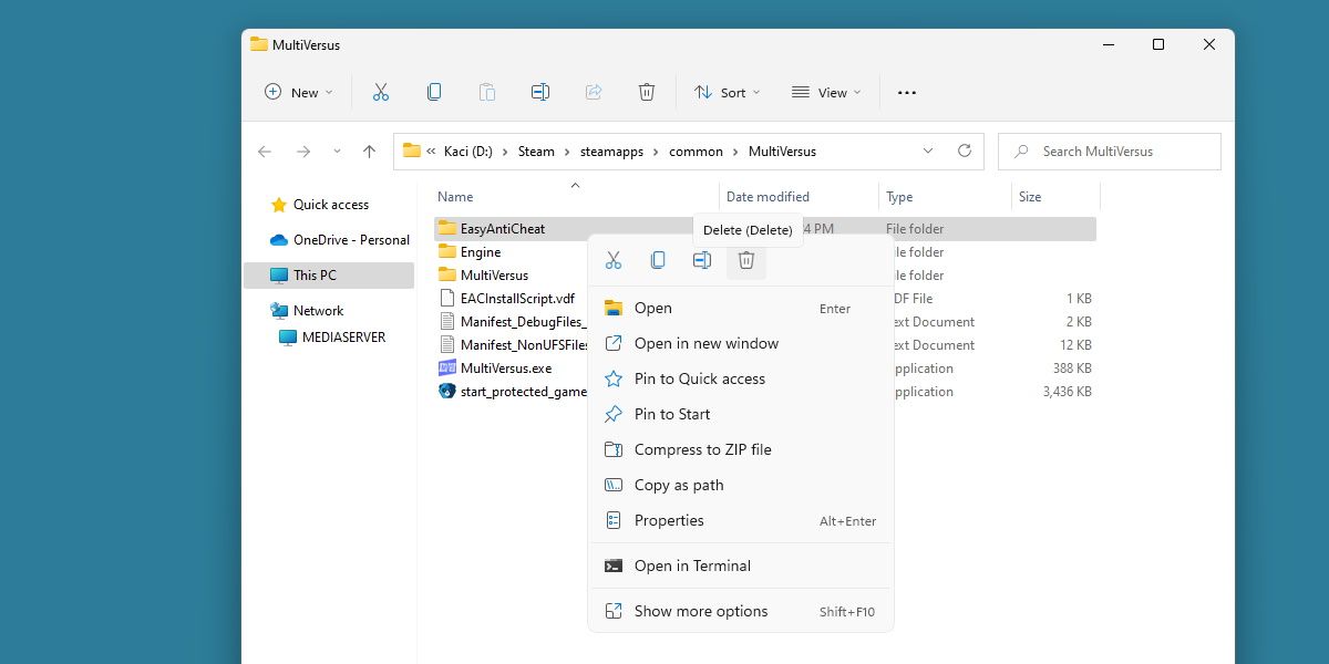 capture d'écran de la suppression du dossier easyanticheat de multiversus 