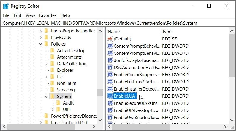 Configuration des paramètres UAC dans l'éditeur de registre