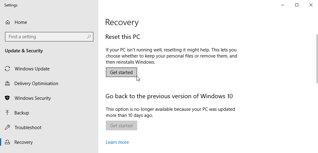 Windows 10 réinitialiser les options de récupération