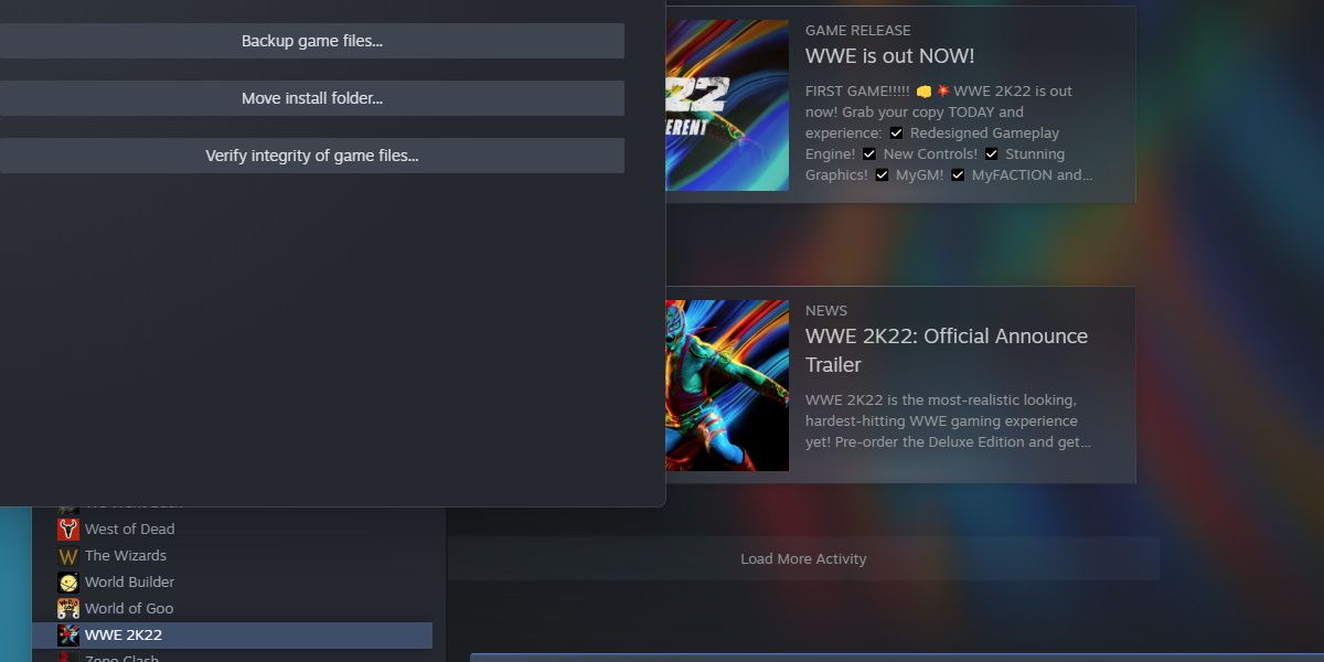 capture d'écran de wwe 2k22 vérifiant les fichiers du jeu sur steam