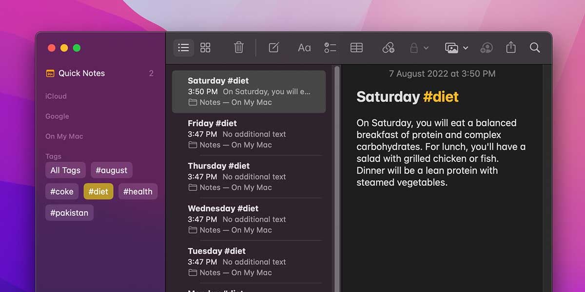 Notes Apple montrant toutes les notes avec la balise #diet