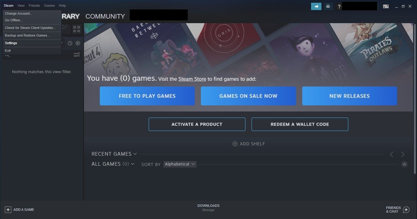 Ouverture des paramètres Steam à partir du menu déroulant Steam dans le client Steam pour Windows