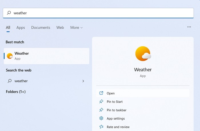 Menu de démarrage par défaut des applications météo Windows