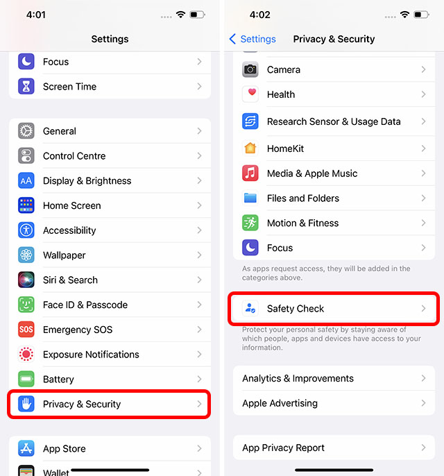 options de contrôle de sécurité dans les paramètres de l'iphone