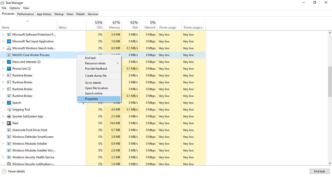 Ouverture des propriétés du processus MoUSO Core Worker dans le Gestionnaire des tâches de Windows 10