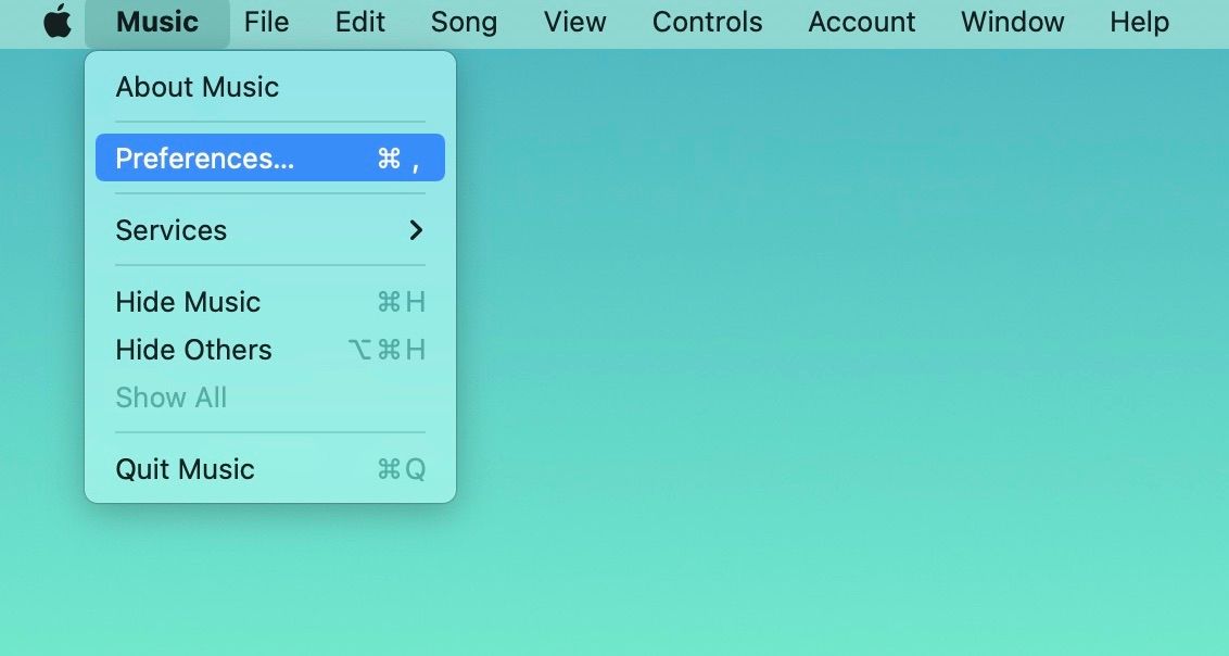 Sélection des Préférences dans le menu Musique sur Mac
