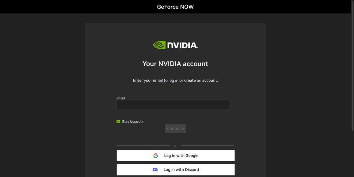 Page de connexion Nvidia GeForce Now