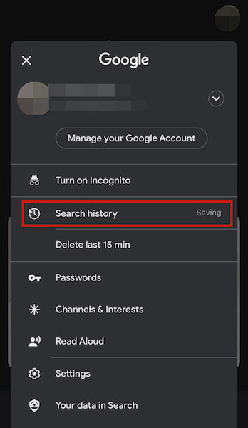 Menu contextuel dans Chrome iOs affichant l'option Historique de recherche