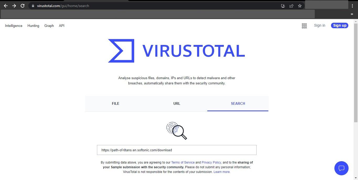 Saisie de l'URL du fichier à télécharger dans le scanner d'URL sur le site Web de Virus Total