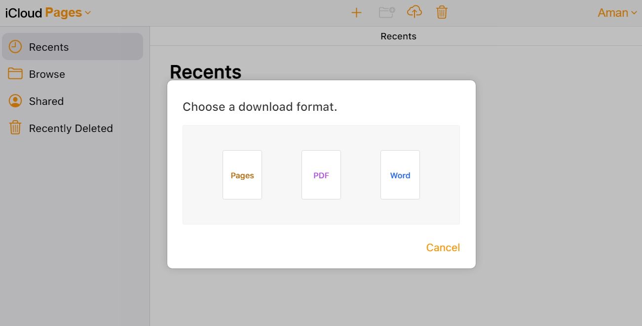 Différents formats de fichiers dans les pages iCloud