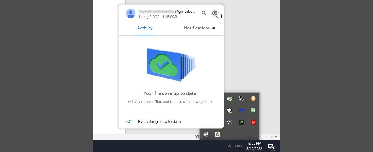 Une capture d'écran du rouage des préférences de Google Drive