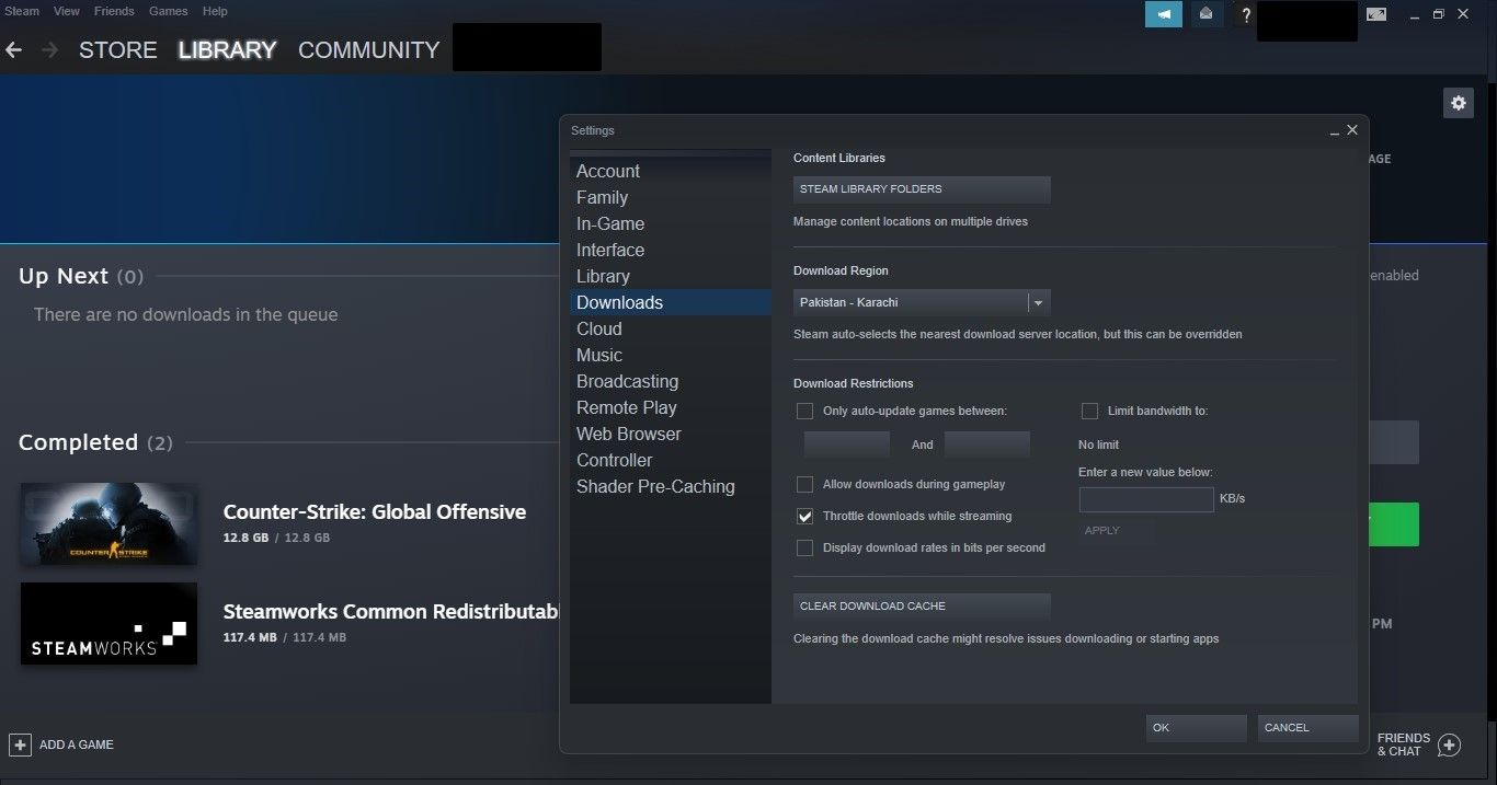 Ouverture du dossier de la bibliothèque Steam en cliquant sur l'onglet Téléchargements dans les paramètres Steam