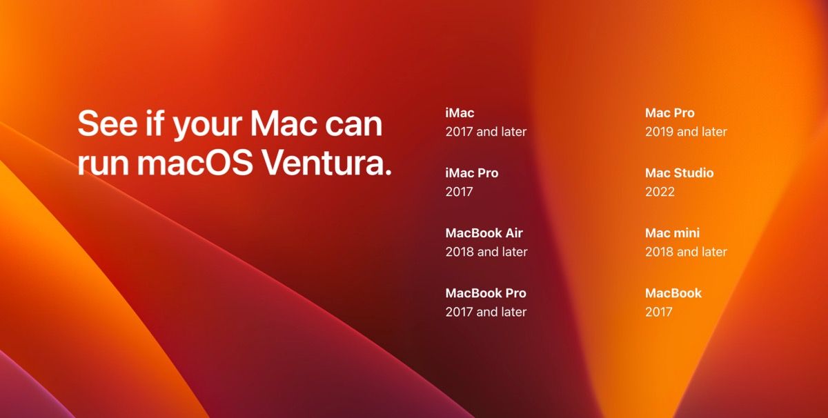 liste de tous les macs compatibles macOS ventura