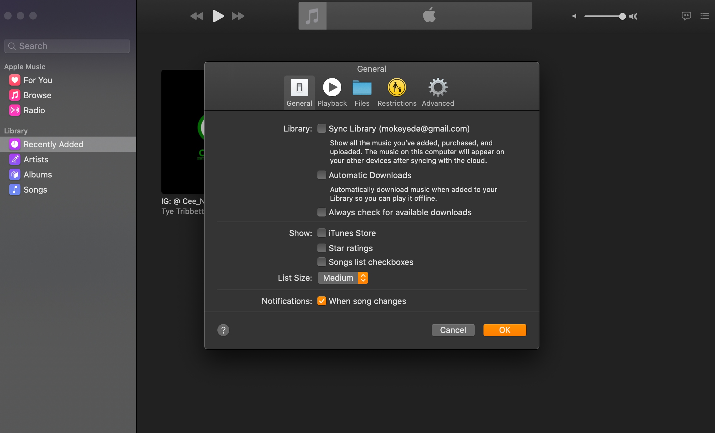 Paramètres généraux d'Apple Music sur un Mac
