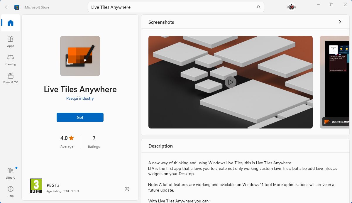 Le Microsoft Store affichant l'application Live Tiles Anywhere