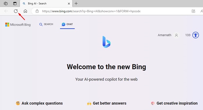 Recharger la page de discussion Bing