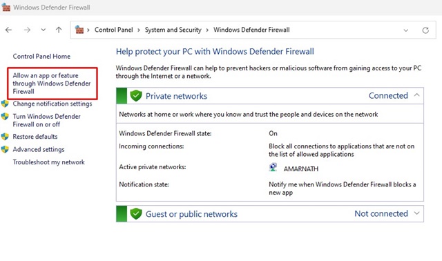 Autoriser une application ou une fonctionnalité via le pare-feu Windows Defender